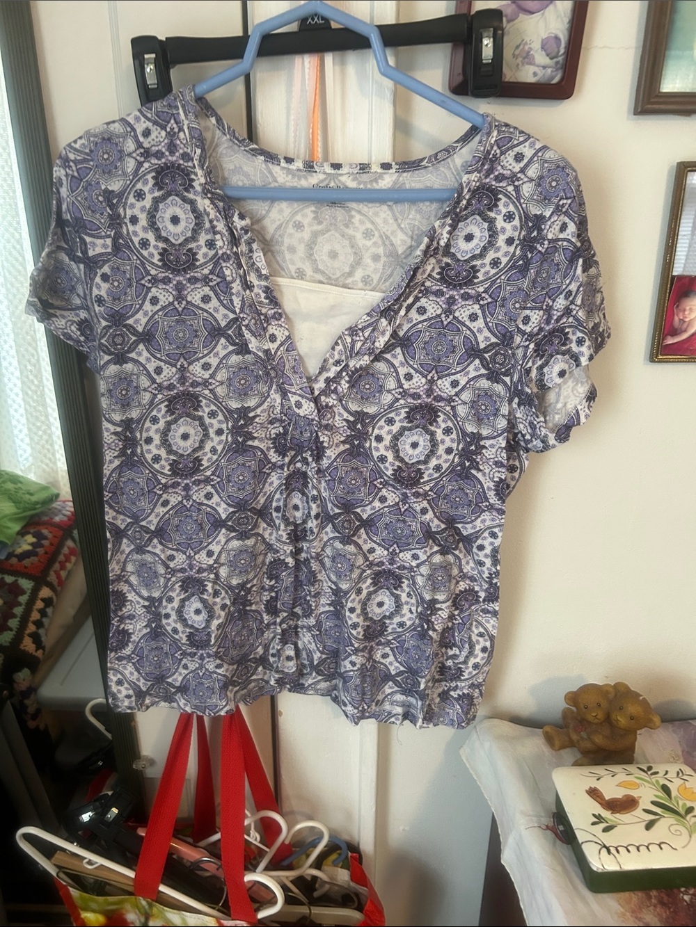 Womens Blue Patterned Short Sleeve V-Neck Top